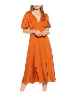Alexia Admor Orange Puff Sleeve Deep V Midi Dress Size 2